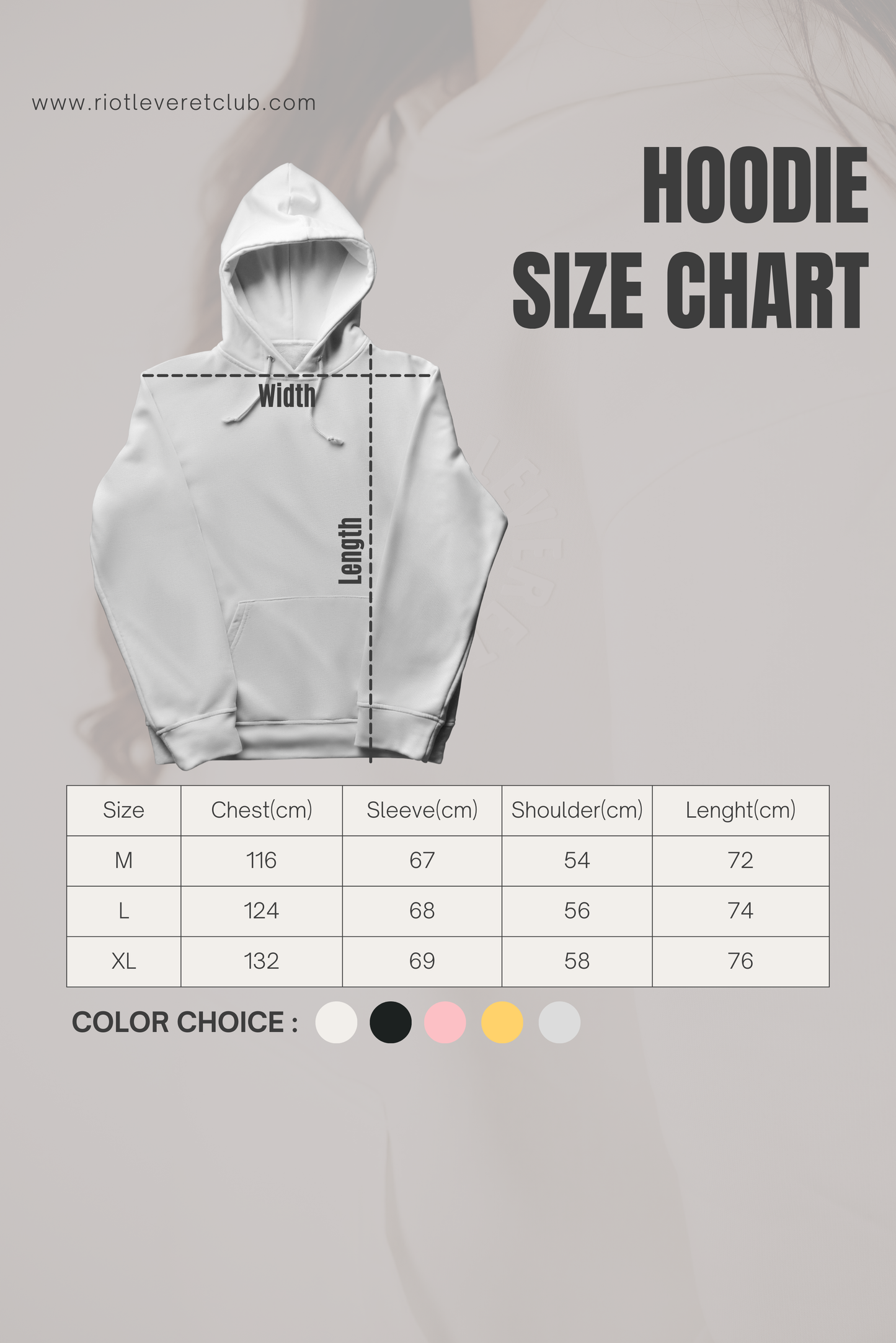 Unisex hoodie size chart displaying chest, sleeve length, and overall length measurements for sizes M, L, and XL, crafted for a relaxed, oversized fit.