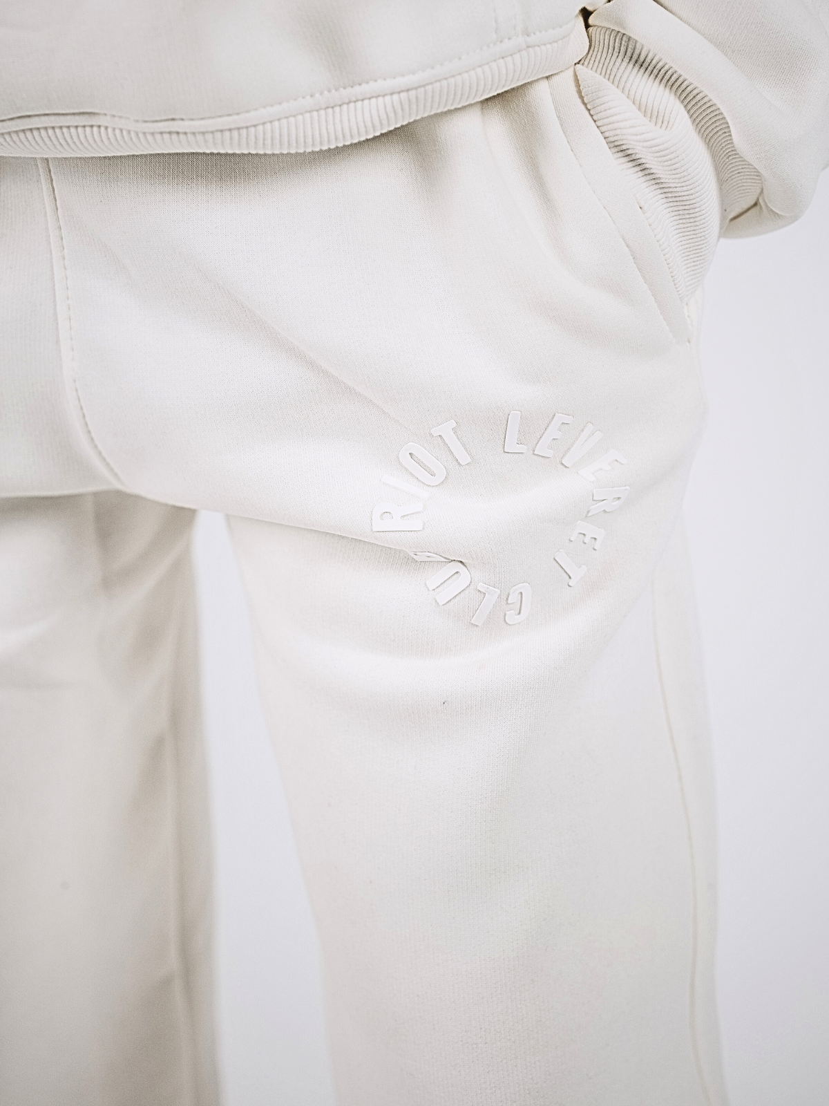 Logo printed by rubber on off-sweatpant made by Riot Leveret Club