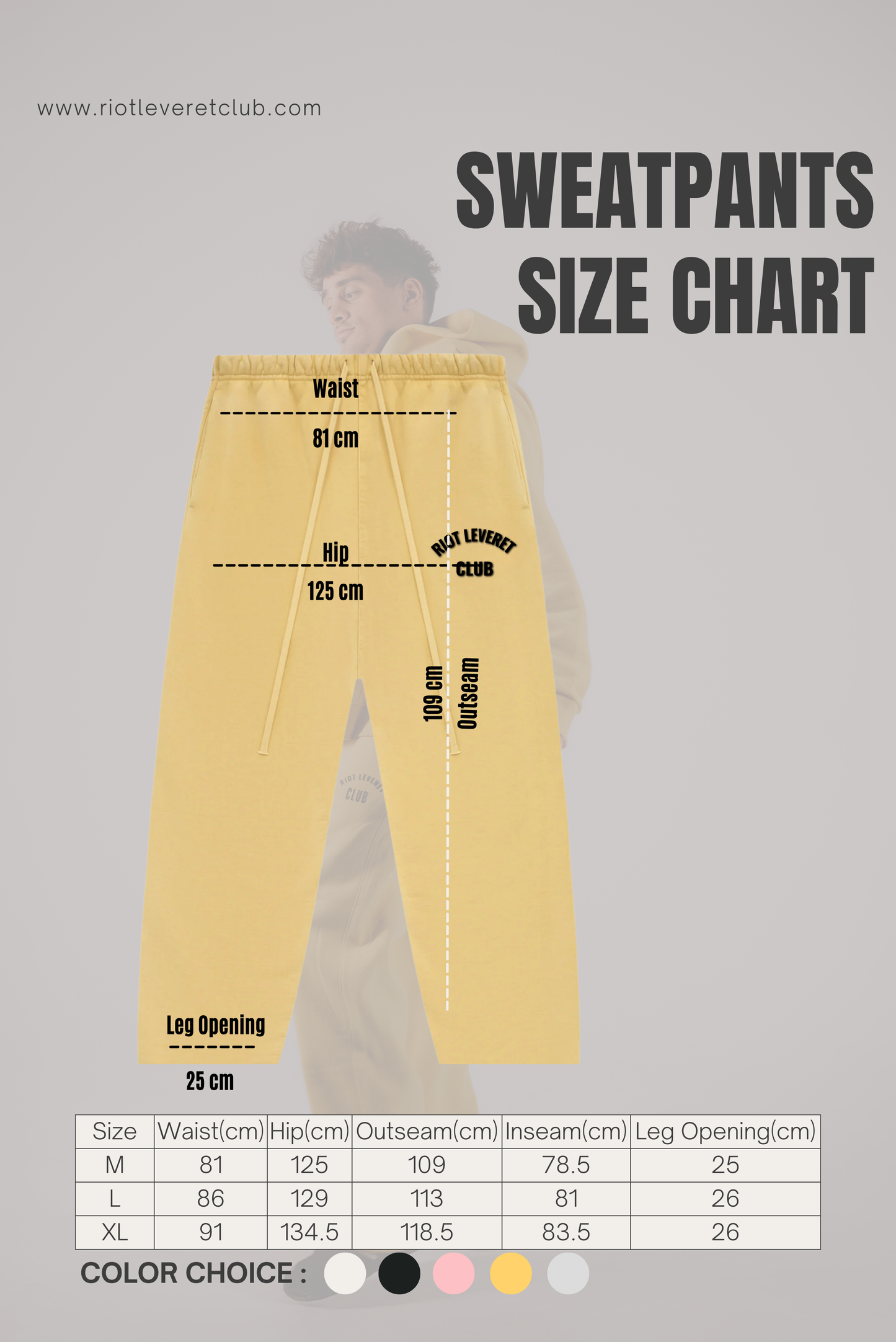 This is a Unisex sweatpants size chart showing waist, hip, and length measurements for sizes M, L, and XL, designed for relaxed and oversized fits.